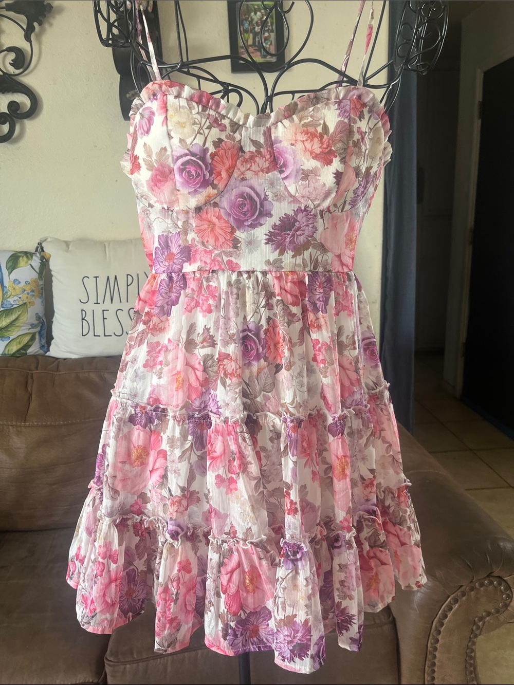 Francesca's Collections Pink, Purple and Cream Floral Tiered Mini Dress